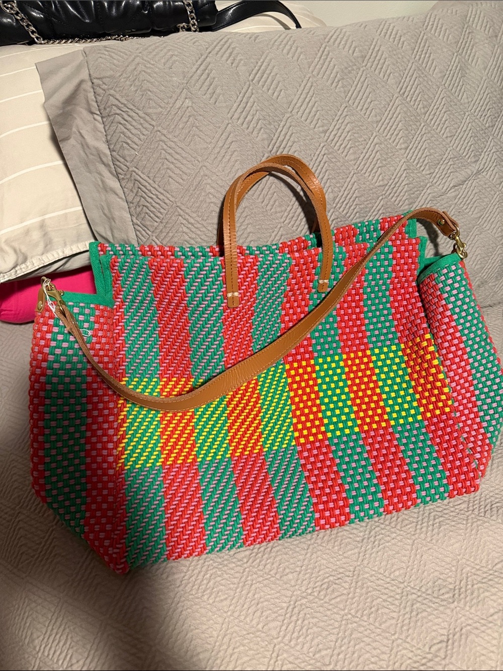 Clare V Multicolor Woven Tote with Tan Leather Handles - Picture 3 of 4